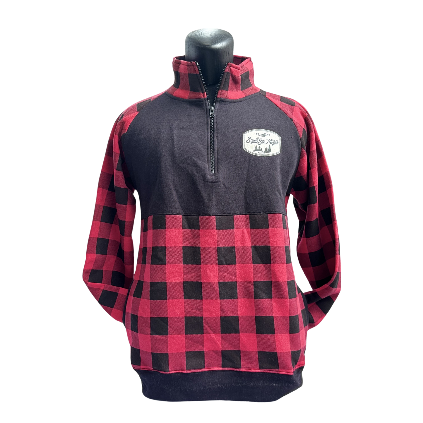 Retro Oval Badge Adult Plaid Block Quarter Zip