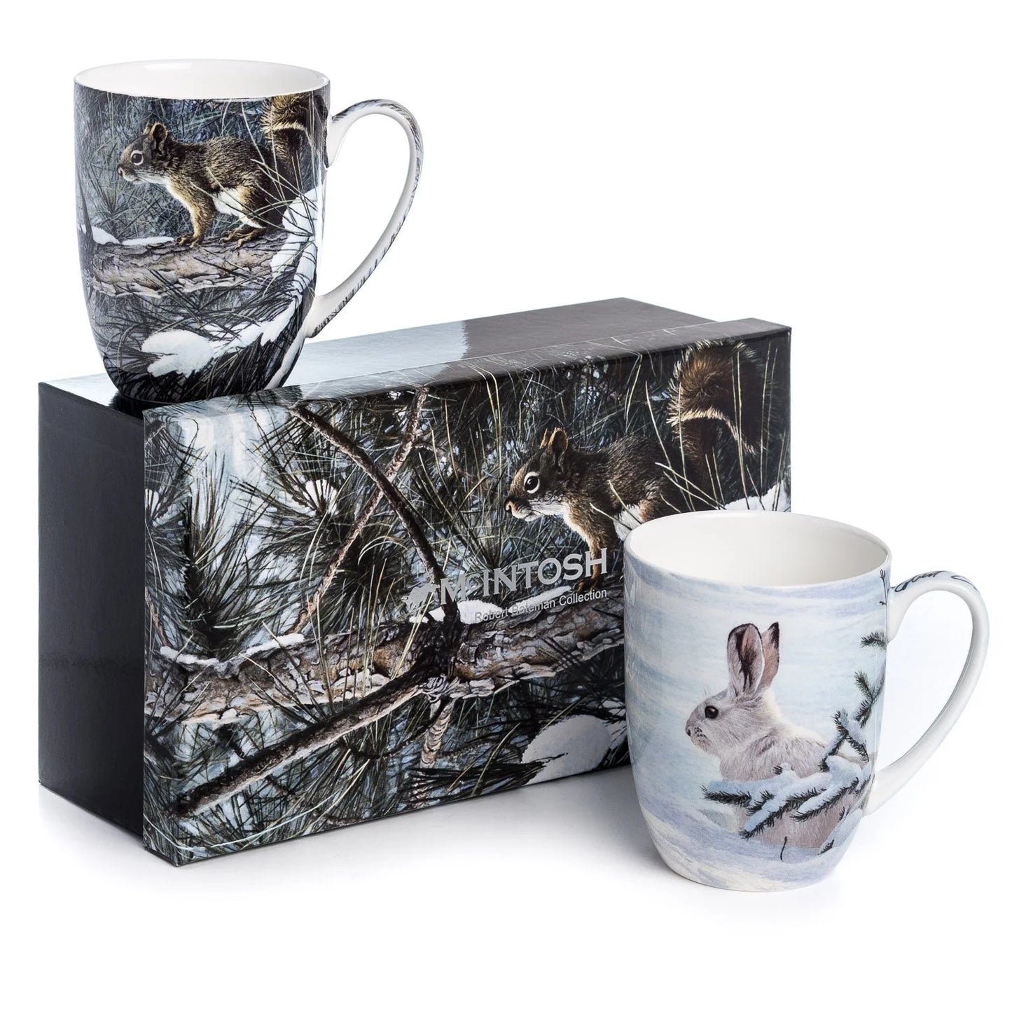 Robert Bateman Woodland Animals 2 Mug Set Featuring "Winter-Snowshoe Hare" & Red Squirrel"