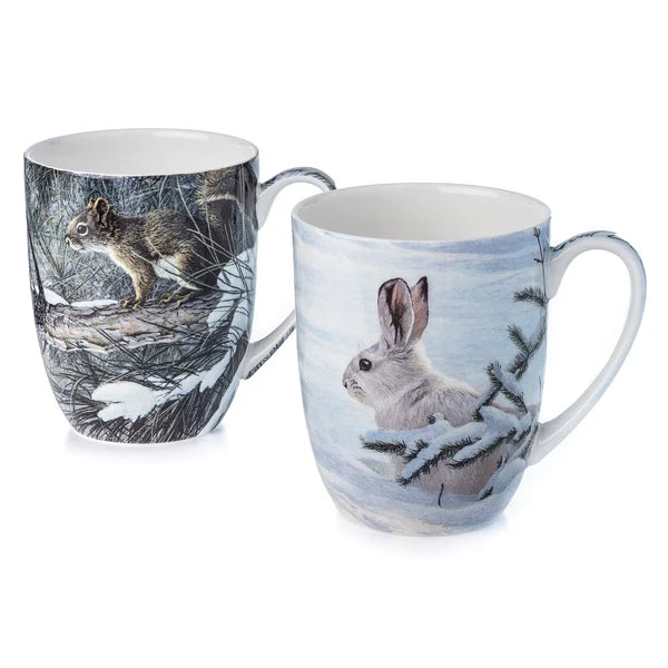 Robert Bateman Woodland Animals 2 Mug Set Featuring "Winter-Snowshoe Hare" & Red Squirrel"